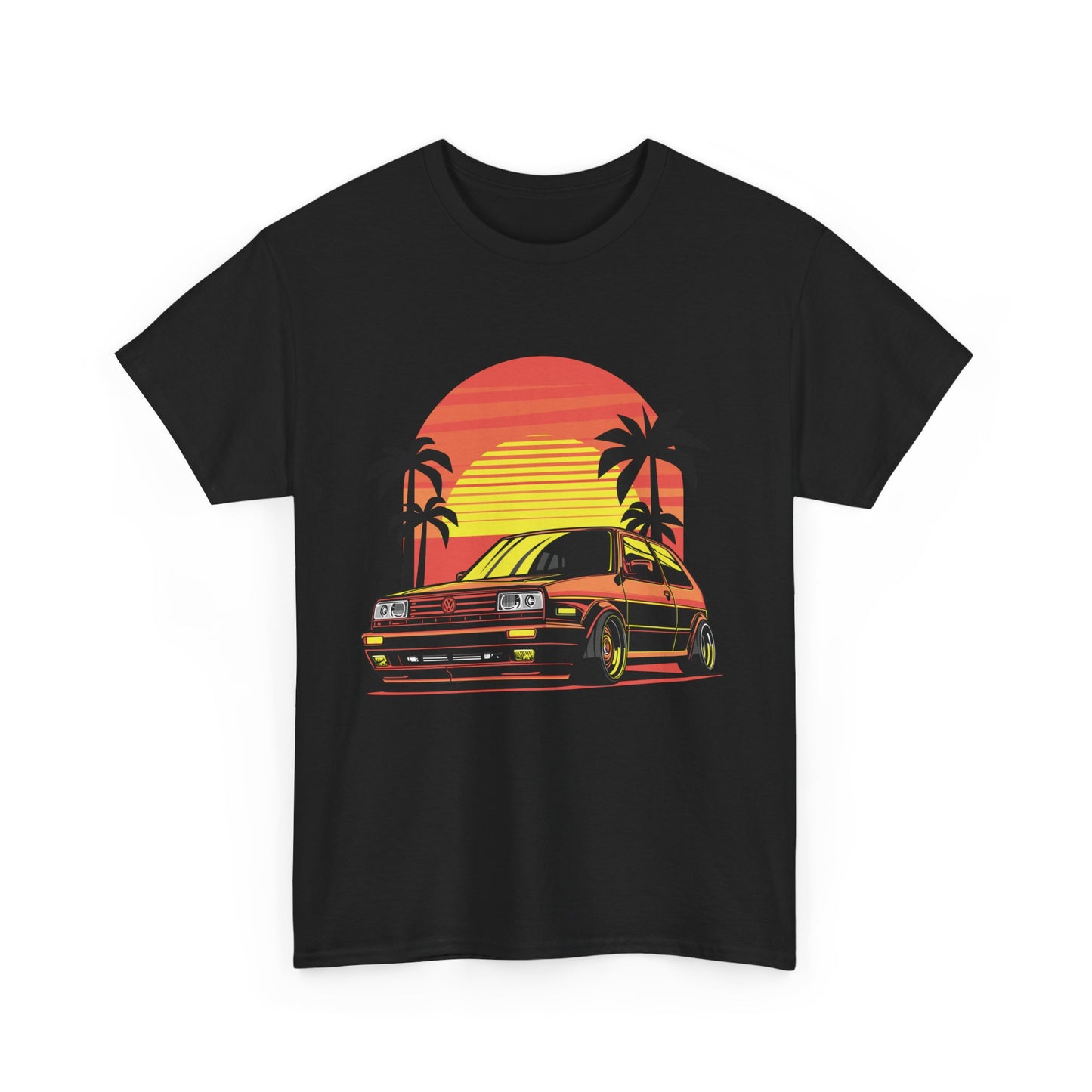 A black t-shirt with a graphic print of a classic car drifting under a sunset backdrop, with palm trees.