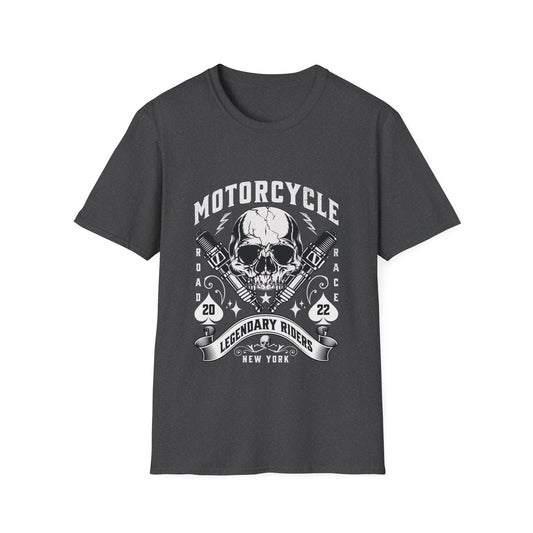 A heather grey graphic tee with a vintage biker-themed design, featuring a skull, spark plugs, playing cards, and the text 'MOTORCYCLE LEGENDARY RIDERS NEW YORK'.