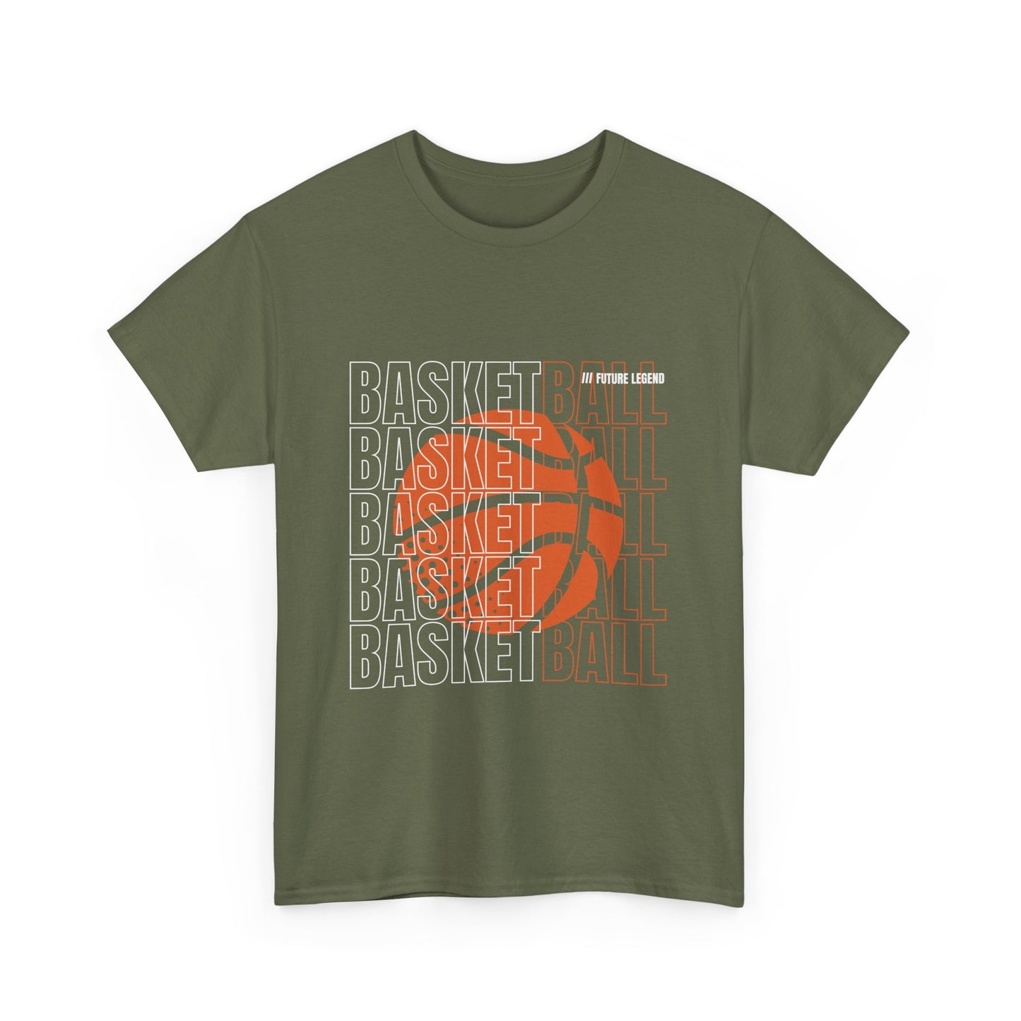 A military green Gildan 5000 basketball t-shirt with a orange and white basketball graphic and text on the front.