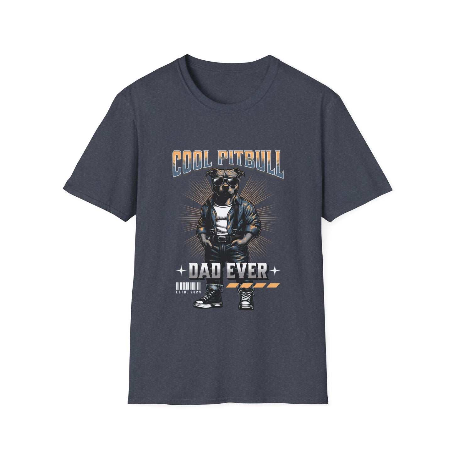 A heather navy t-shirt with a graphic print of a pitbull wearing a suit and the text 'COOL PITBULL DAD EVER' on it.