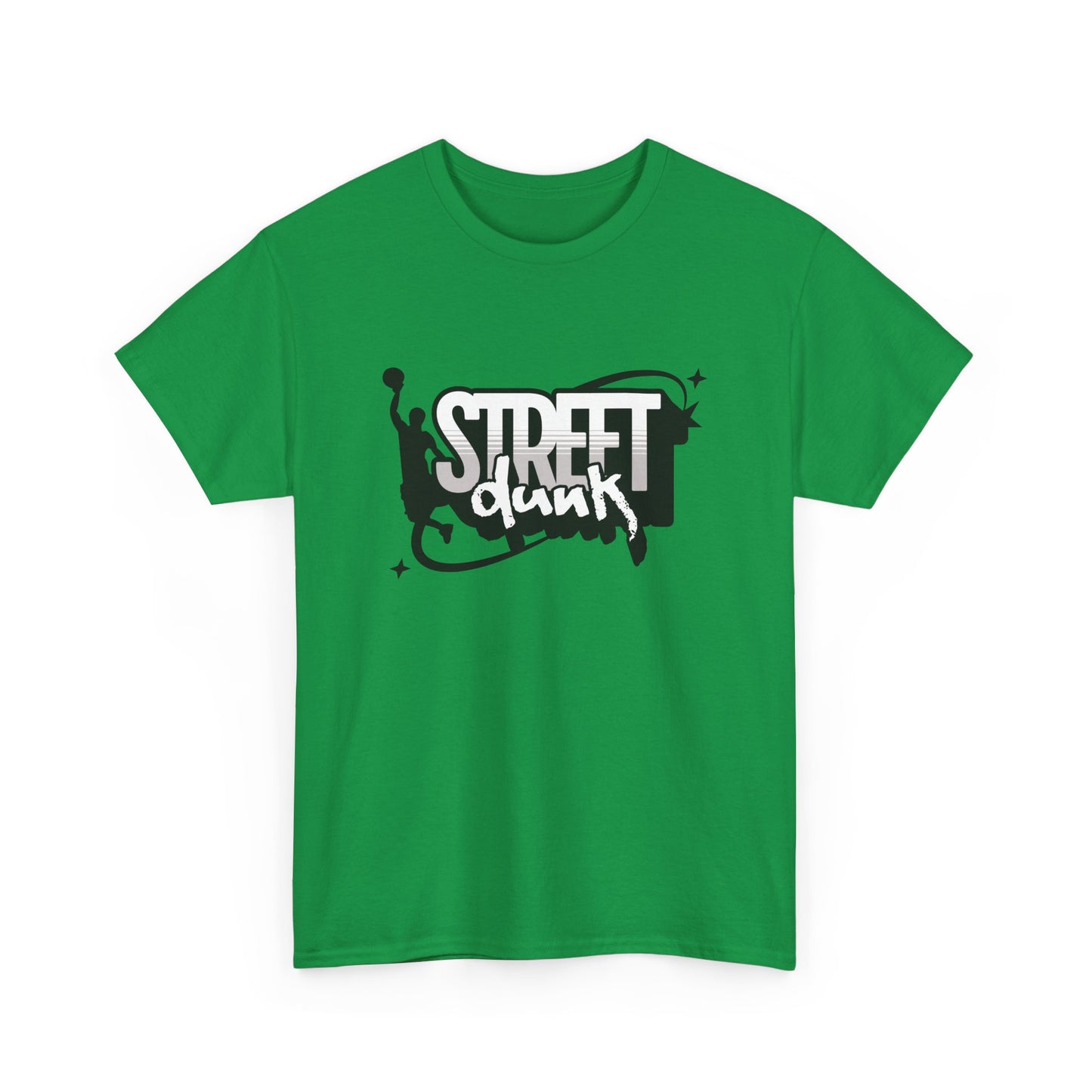An Irish green t-shirt with 'Street Dunk' text in black on the front and basketball player graphic.