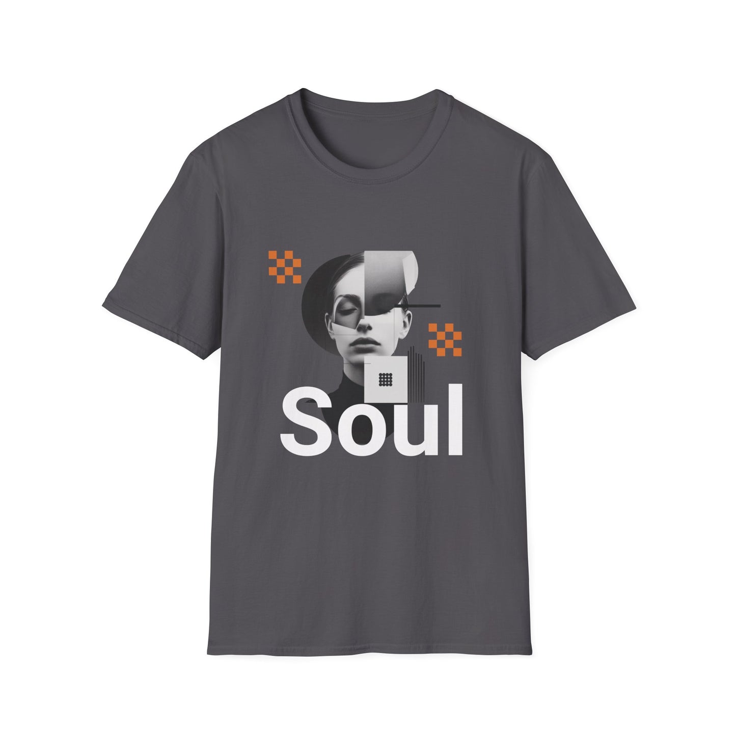 A grey graphic t-shirt depicting a collage and text that reads SOUL.