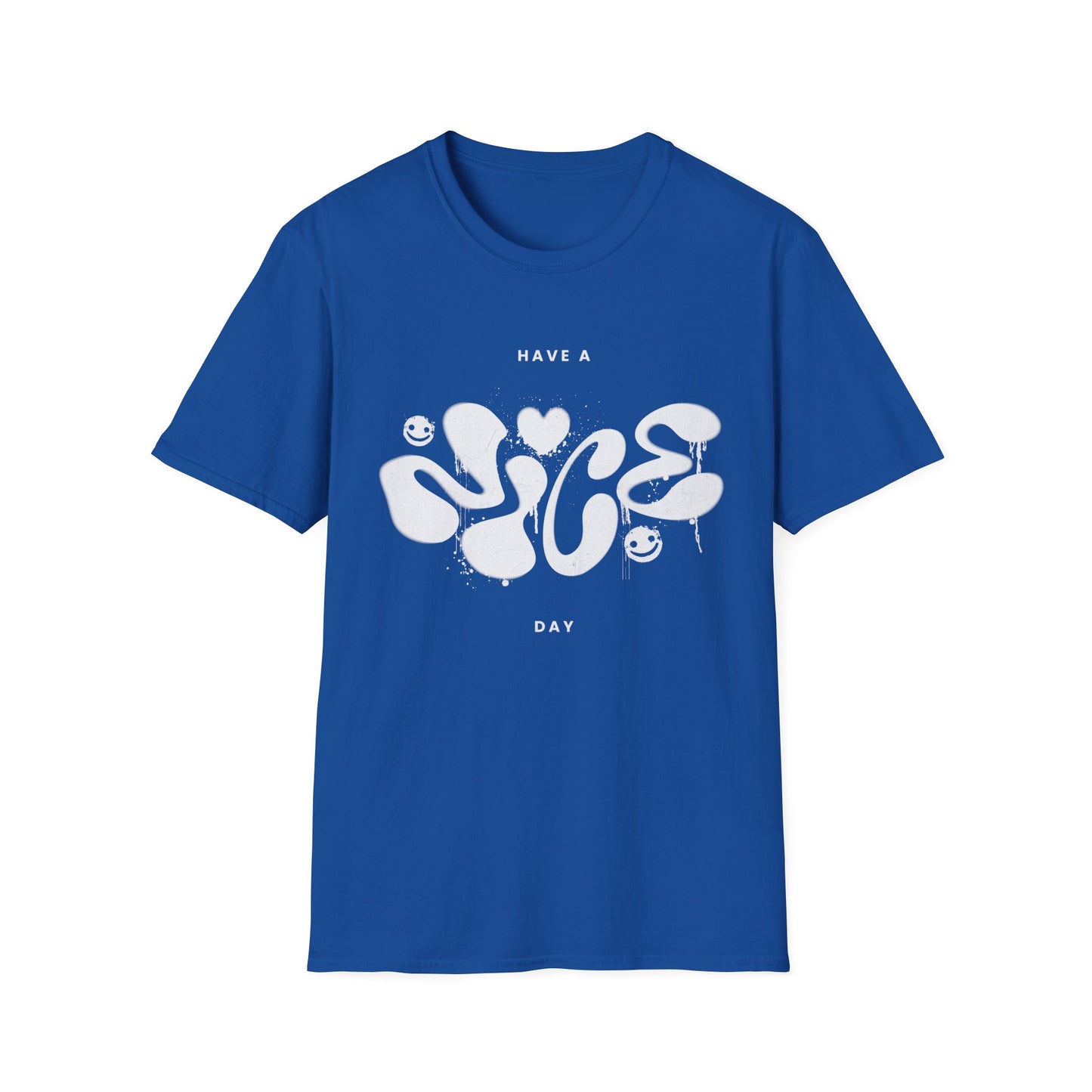 Royal blue t shirt with "Nice" spray painted on a white background.