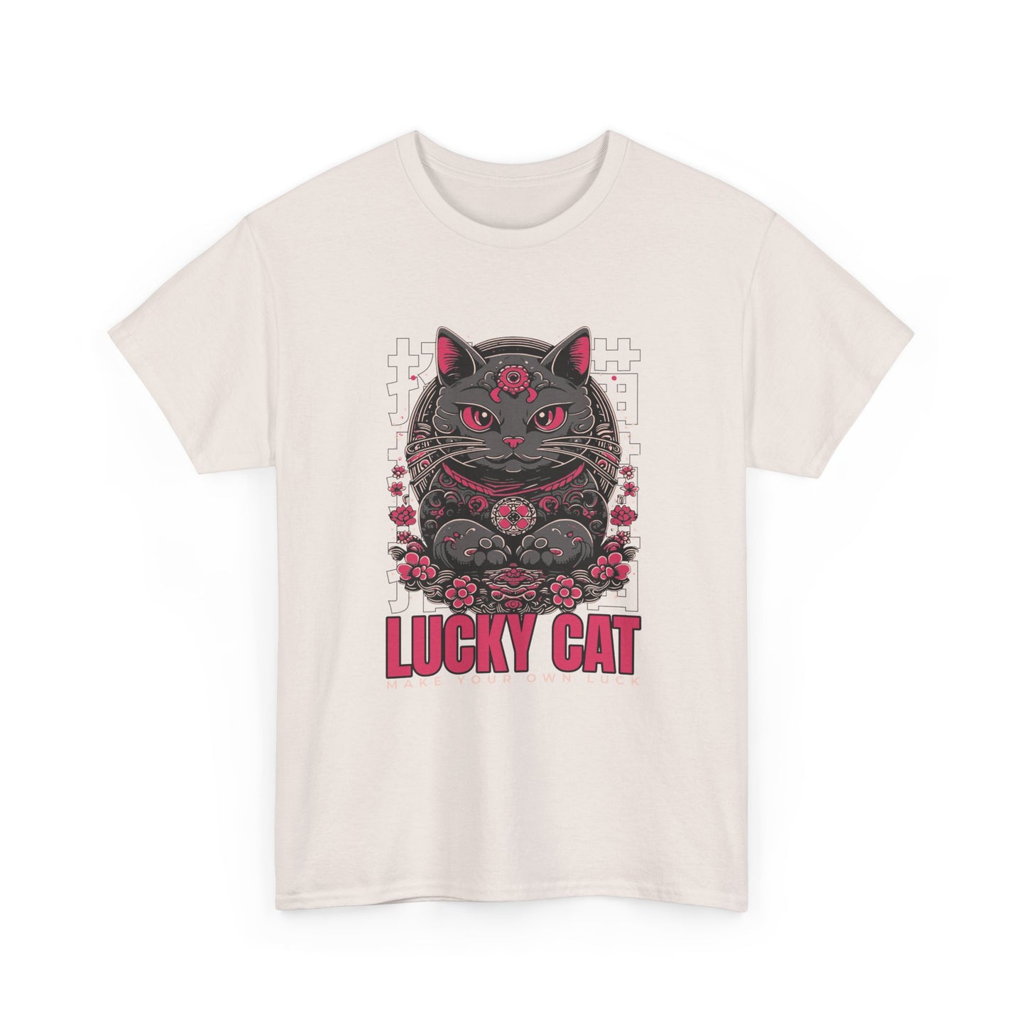 A ice grey t-shirt with a Japanese Meneki-neko cat graphic and the text 'Lucky Cat' on a white background.