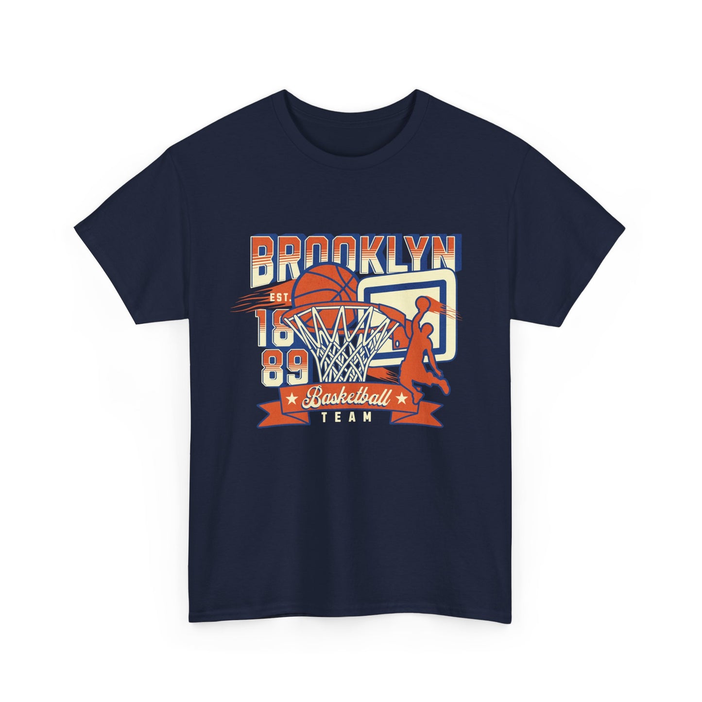 A navy blue t-shirt with a graphic print of a basketball and the text 'Brooklyn Basketball Team' along with the year '1899'.