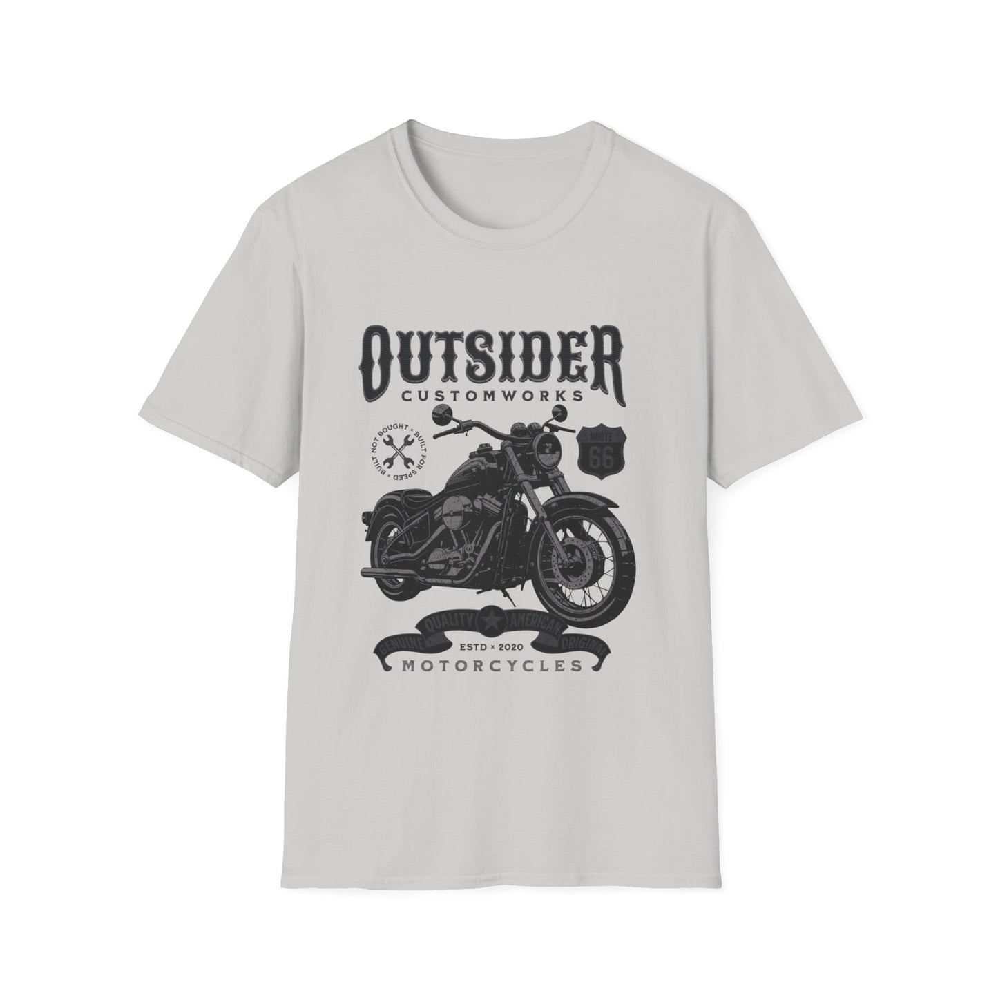 A ice grey t-shirt with a motorcycle graphic and text that reads "Outsider Custom Works"
