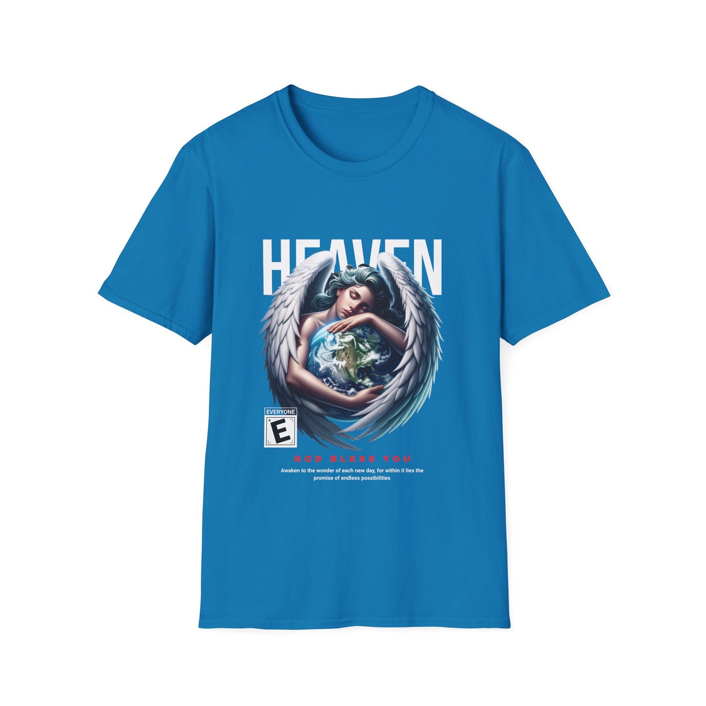 Tropical blue t-shirt with a graphic print of an angel and the word 'HEAVEN' on the front.