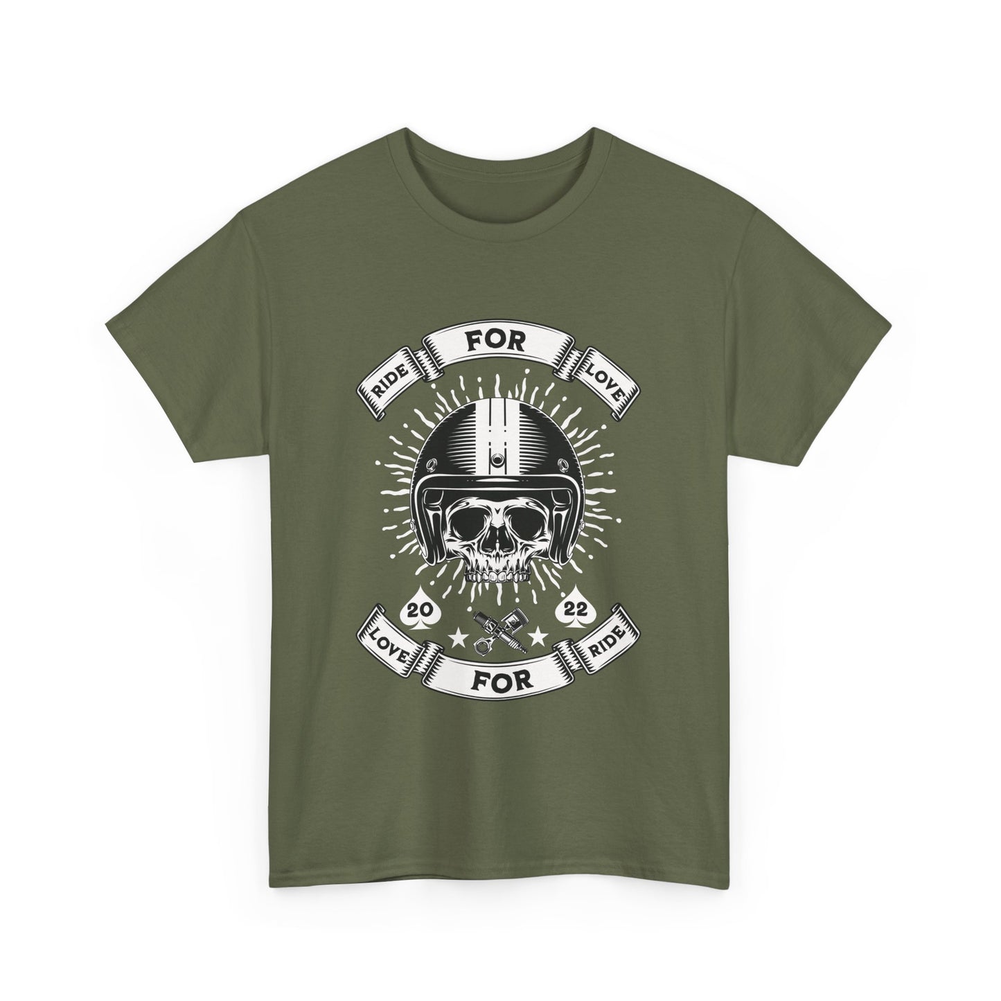 A military green Gildan 5000 unisex t-shirt with a skull rider graphic.