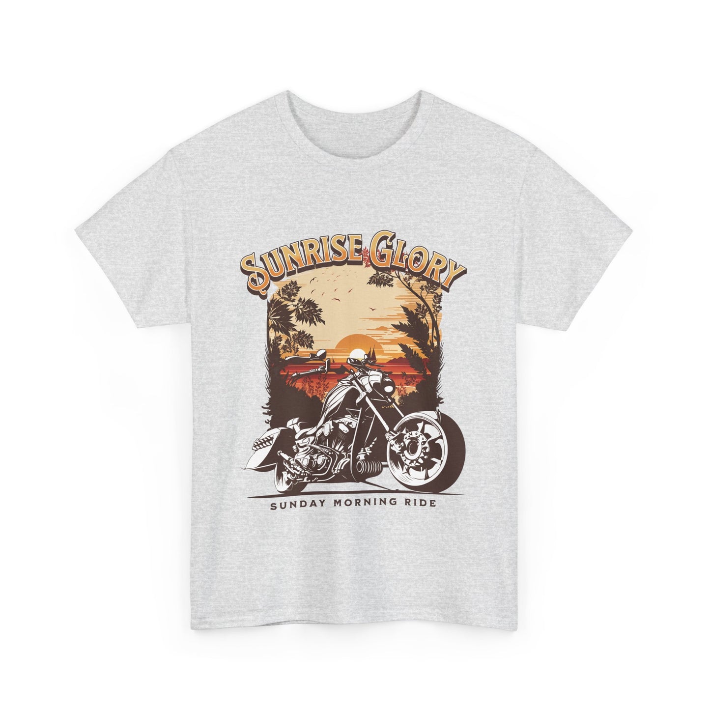 An ash t-shirt with a motorcycle graphic and 'Sunrise Glory' text.