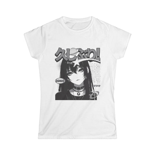White t-shirt with black and white graphic of an anime character and text on a white background