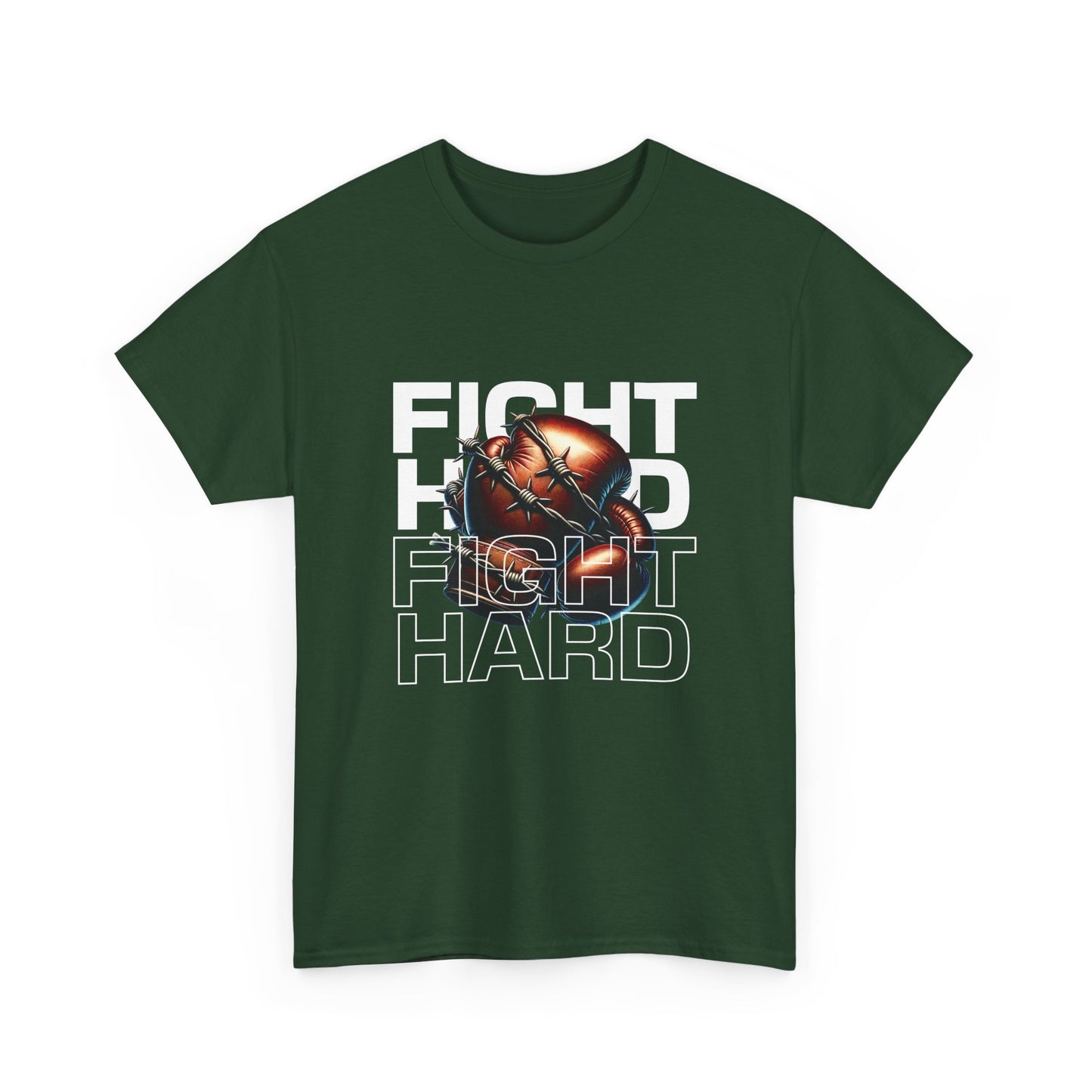 A forest green Gildan cotton t-shirt with the text 'Fight Hard' and a graphic of a boxing glove and heart.