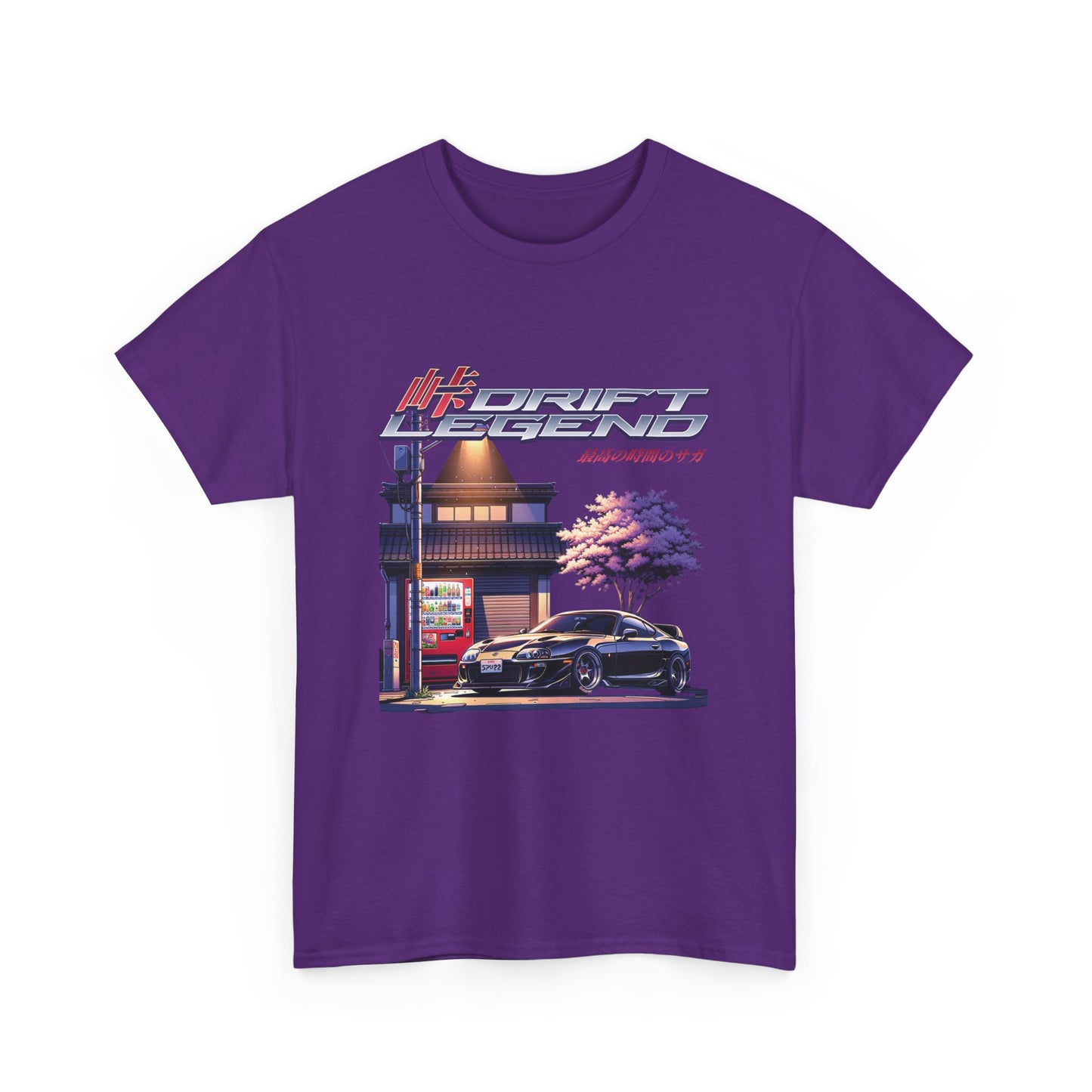 A purple t-shirt with a graphic print of a racecar on a street corner under a tree, with the text 'DRIFT LEGEND' .