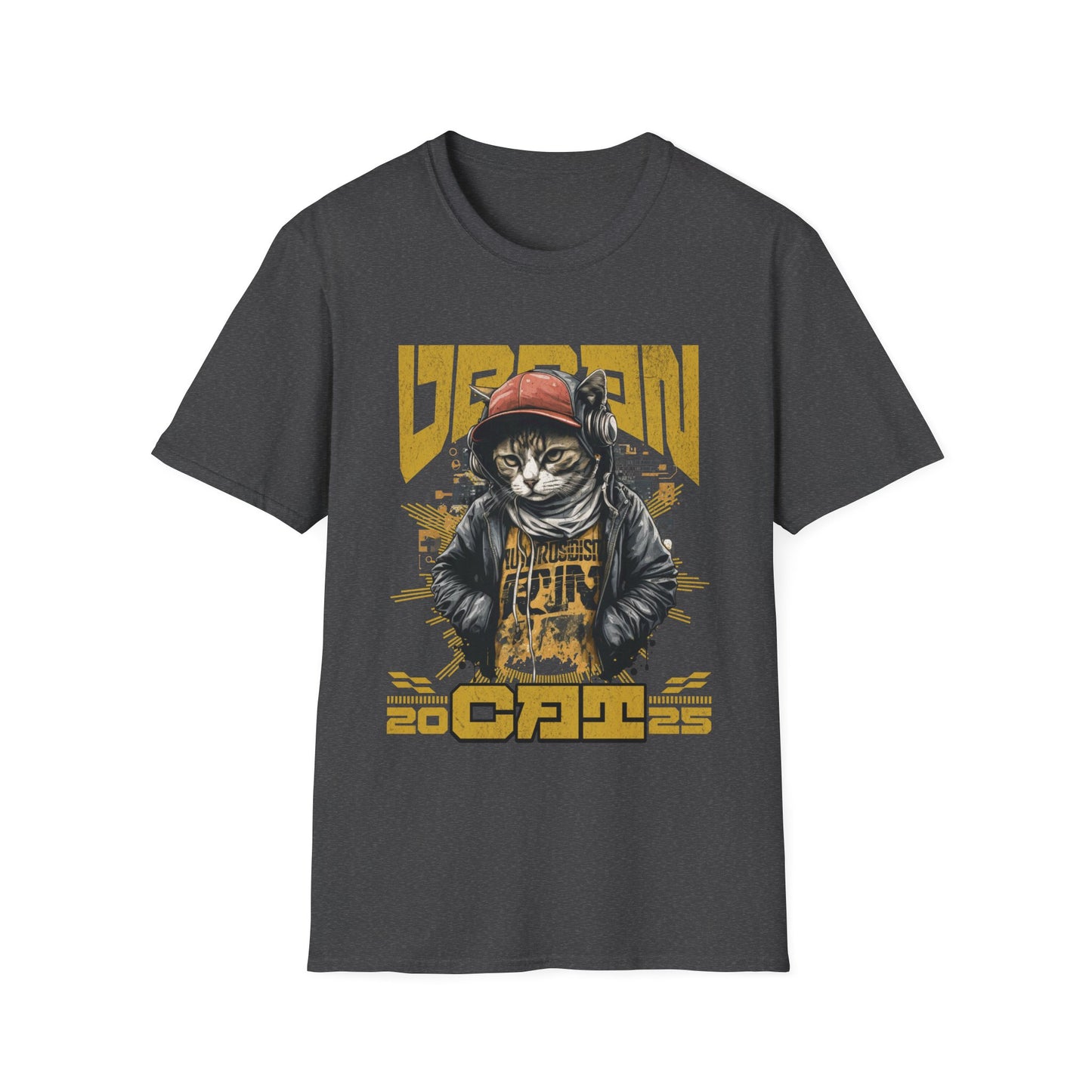 A dark heather grey t-shirt with a grunge Hip Hop style cat graphic and 'Urban Cat' text.