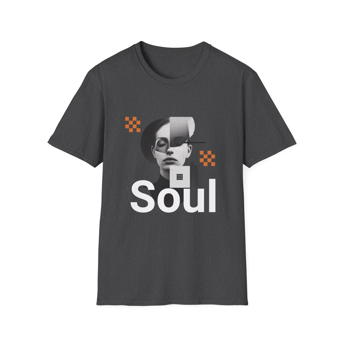 Dark heather grey graphic t-shirt depicting a collage and text that reads SOUL.
