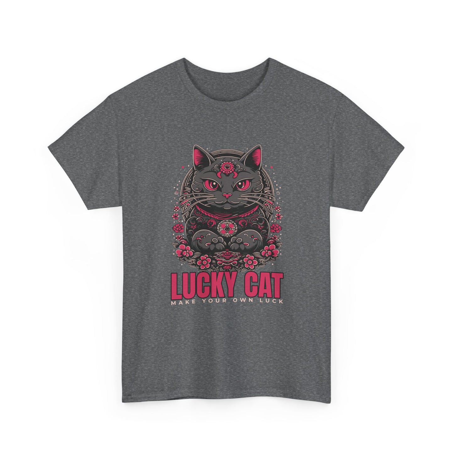 A heather grey t-shirt with a Japanese Meneki-neko cat graphic and the text 'Lucky Cat' on a white background.