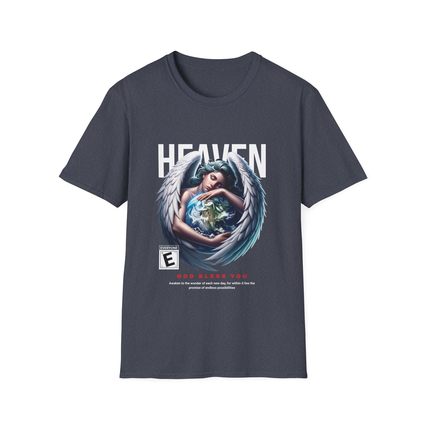 A heather navy colored t-shirt with a graphic print of an angel and the word 'HEAVEN' on it.