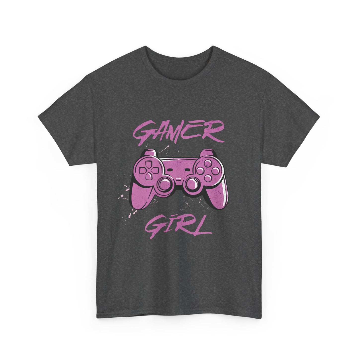 A gray t-shirt with a graphic of a pink video game controller and the text 'GAMER GIRL' below it.