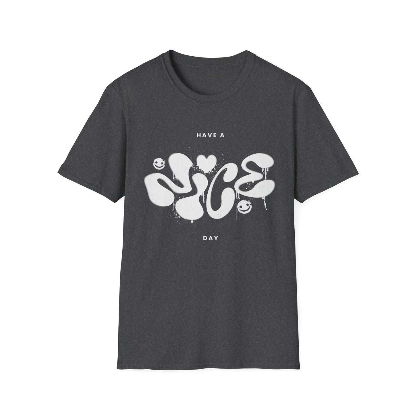 Dark heather grey t shirt with "Nice" spray painted on a white background.