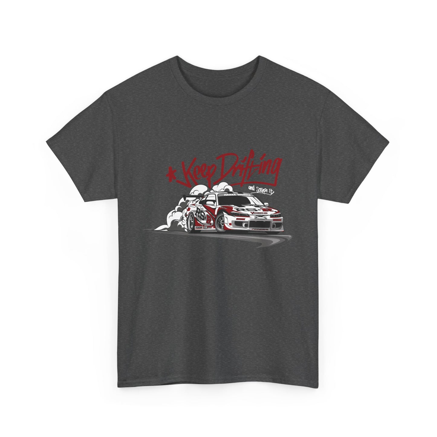 A gray t-shirt with a graphic print that includes the text 'Keep Drifting' and an image of a car in motion on a street.