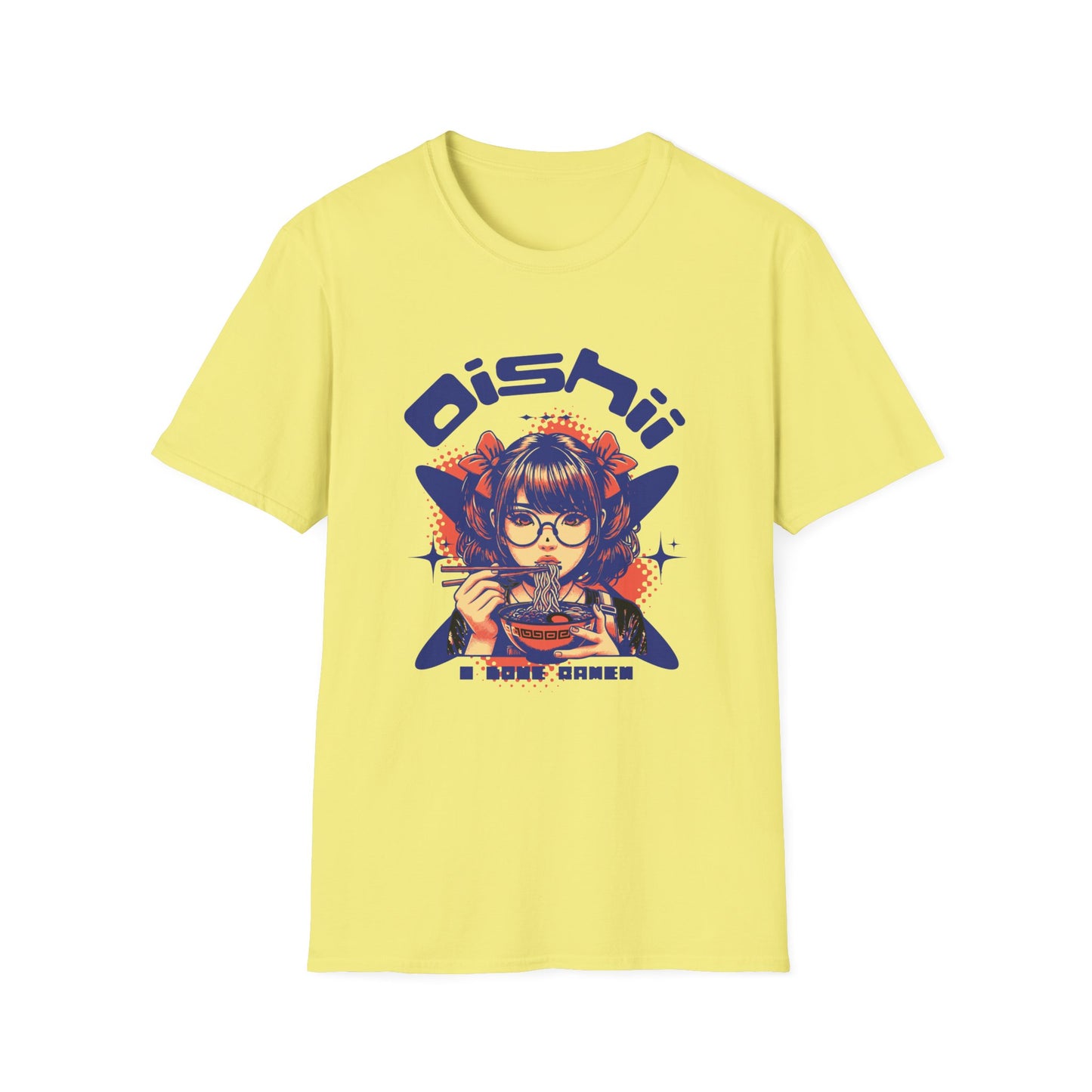 Yellow t-shirt with a graphic design of a person eating and the word 'Oishii' on a white background.