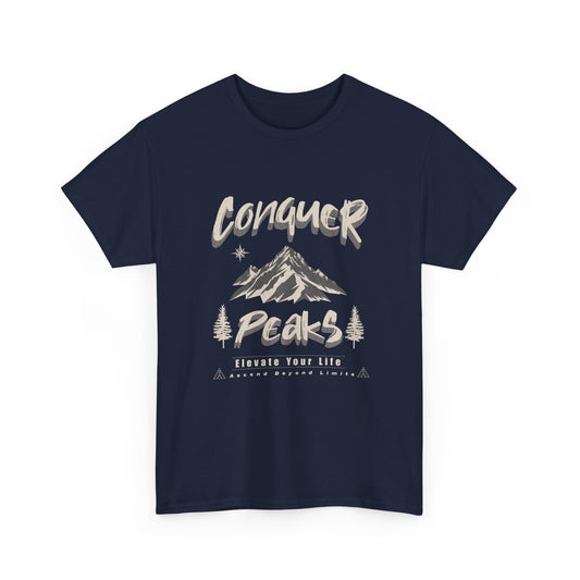 Navy blue t-shirt with mountain graphic and 'Conquer Peaks' text on a white background