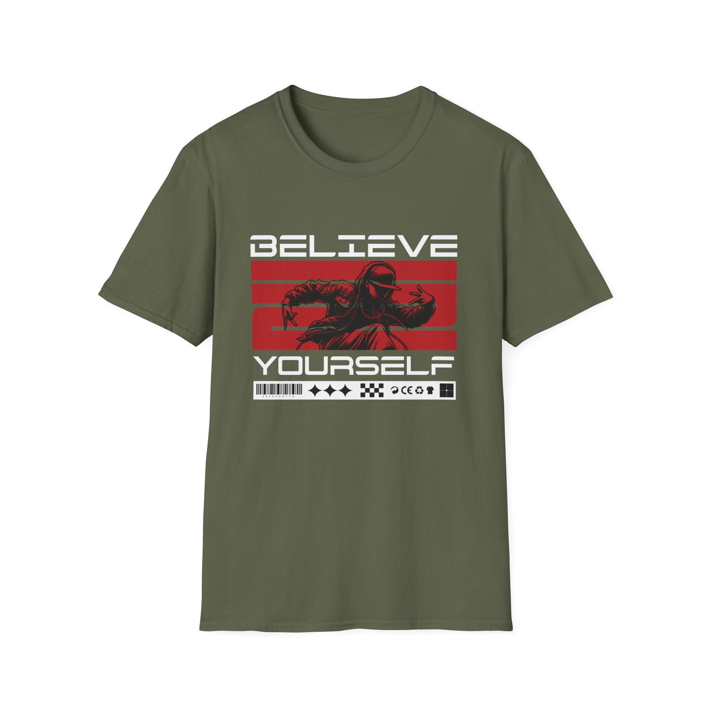 Military green tee Believe in Yourself text