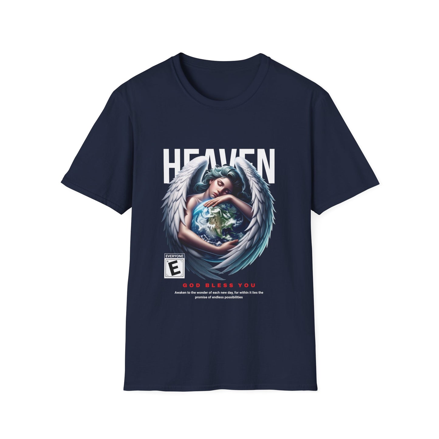 Navy blue t-shirt with a graphic print of an angel and the word 'HEAVEN' on the front.