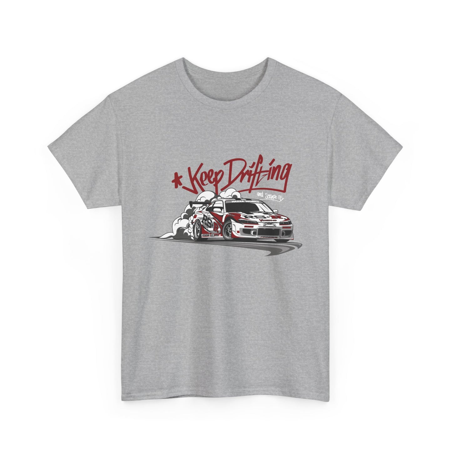 A gray t-shirt with the text 'Keep Drifting' and a graphic of a car drifting on a street.