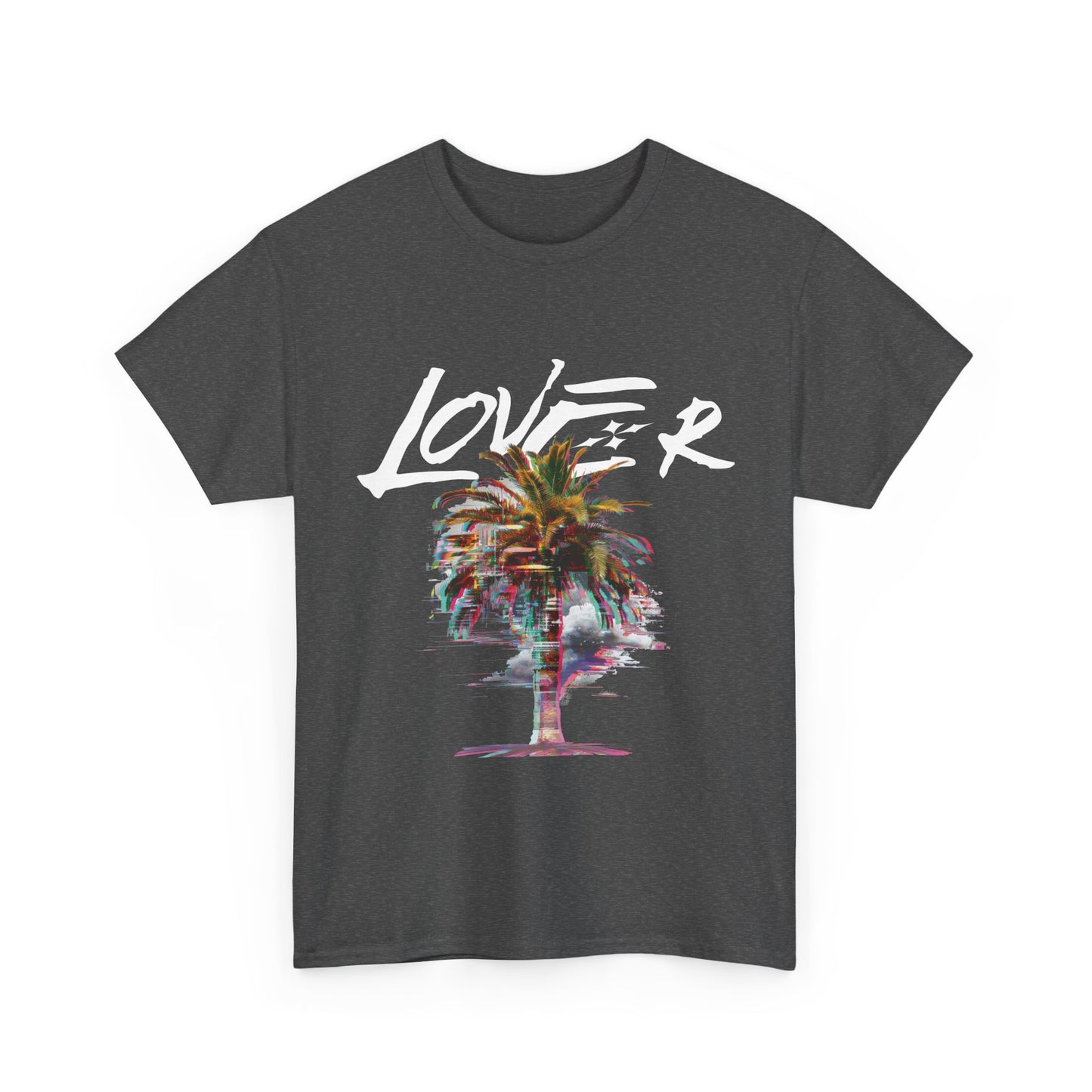 A heather gray t-shirt with a colorful graphic print of palm trees and the word 'lover' on the front.