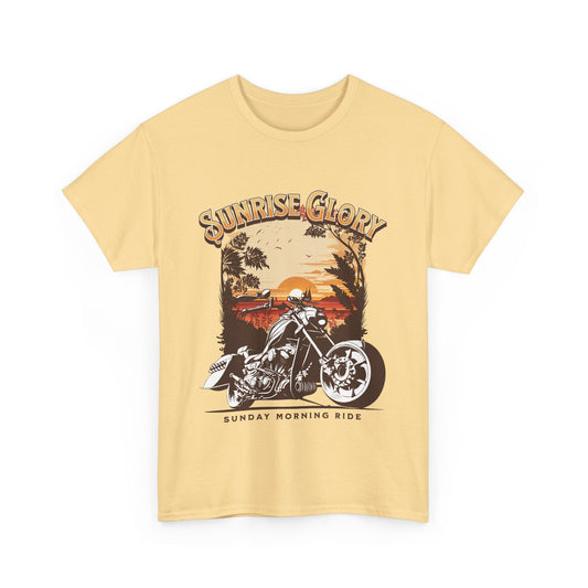 A yellow haze t-shirt with a motorcycle graphic and 'Sunrise Glory' text.