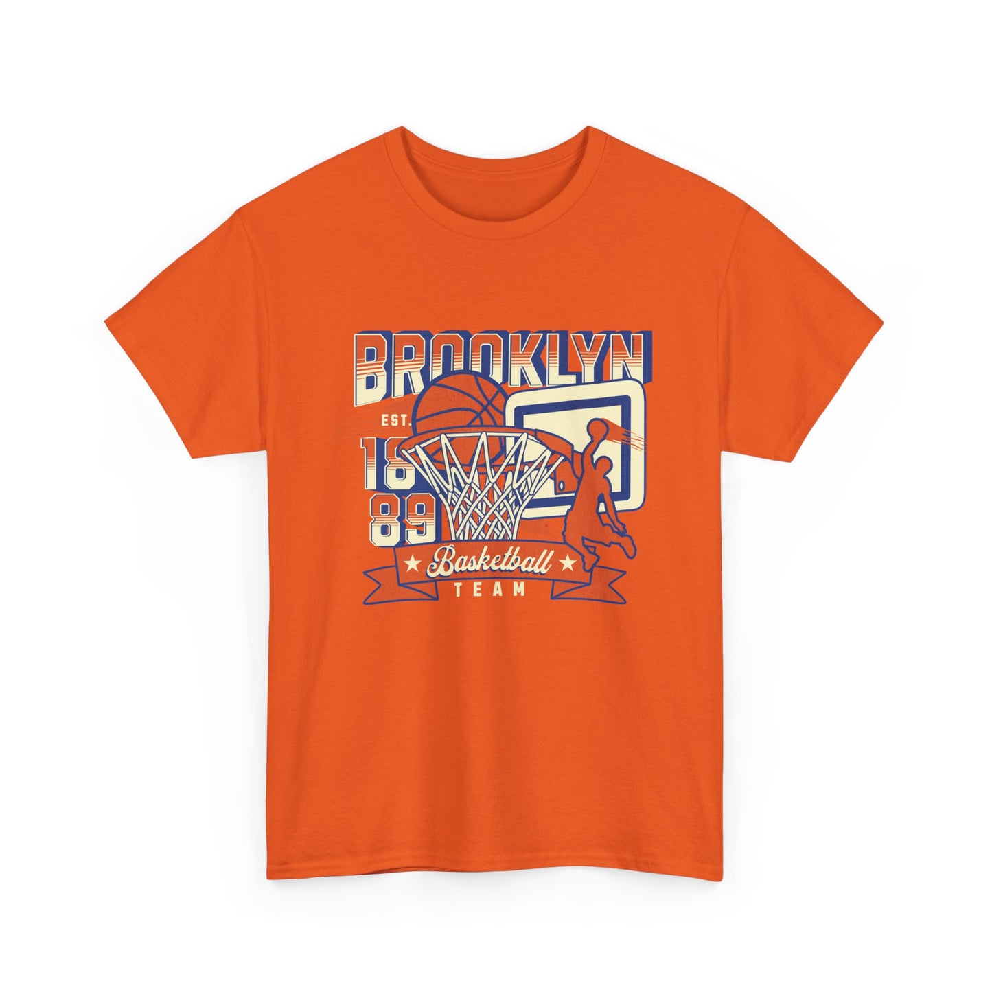 An orange t-shirt with 'Brooklyn Basketball Team' text and a graphic of a basketball hoop and net.