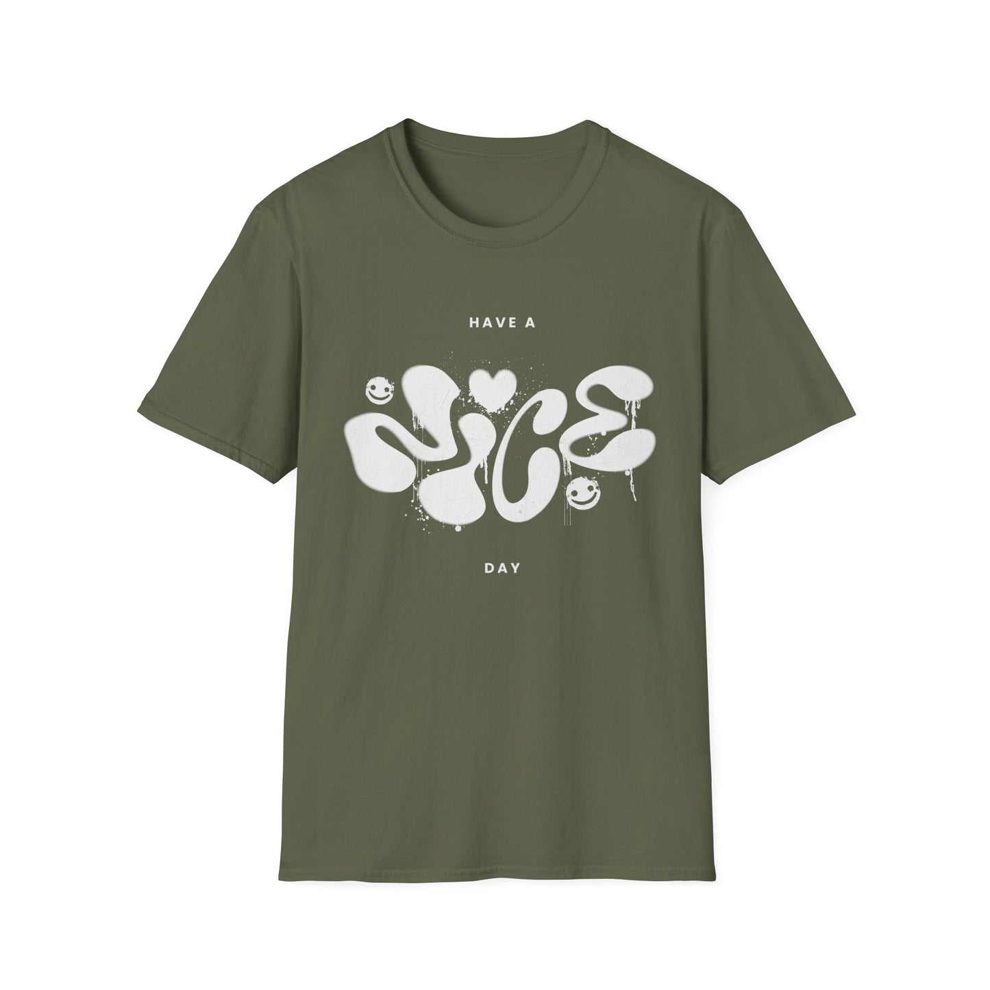 Military Green t shirt with "Nice" spray painted on a white background.