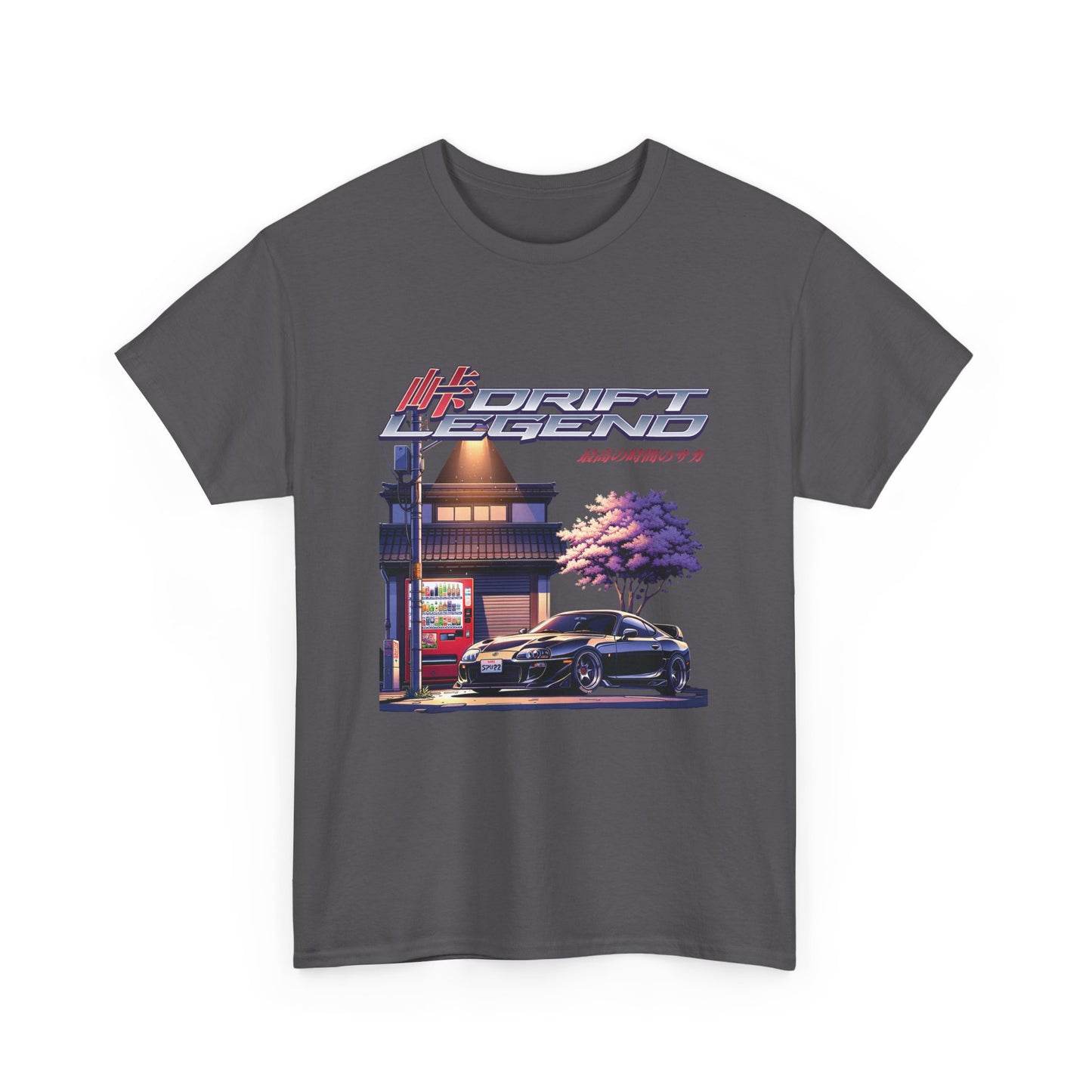 A grey t-shirt with a graphic print of a racecar on a street corner under a tree, with the text 'DRIFT LEGEND' .