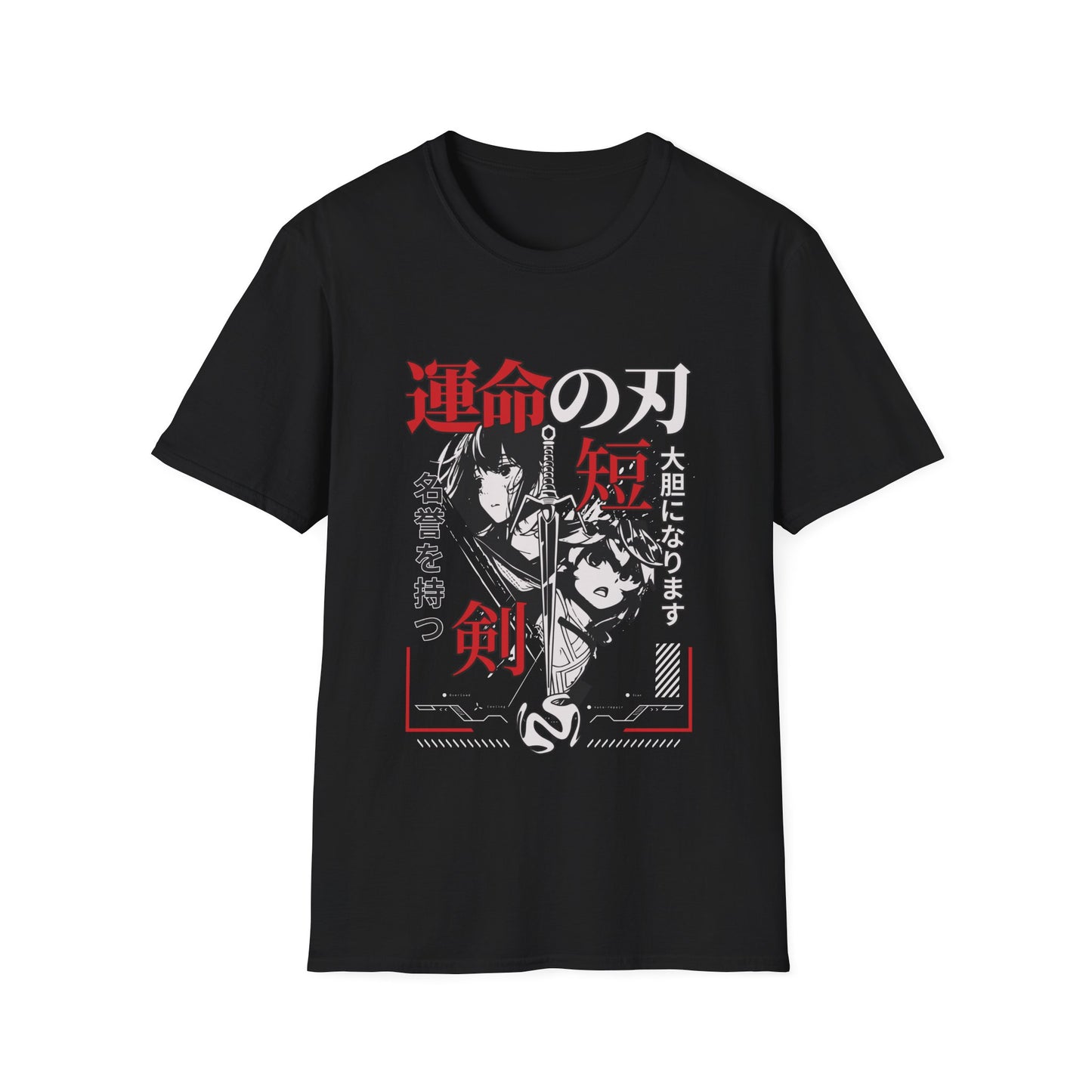Black t-shirt with anime-style design featuring two characters and Japanese text on a white background.