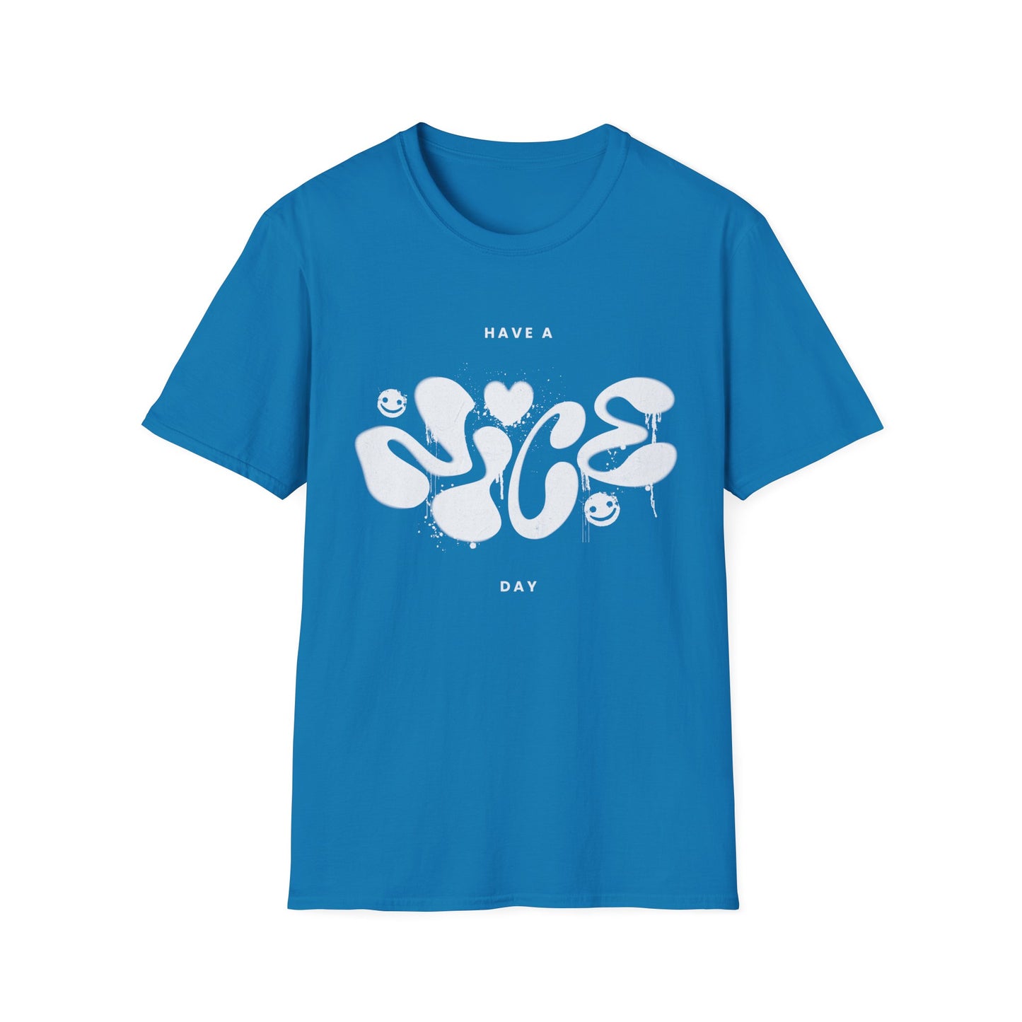 tropical blue t shirt with "Nice" spray painted on a white background.