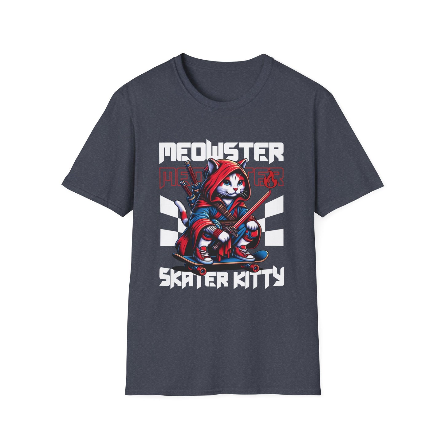 A heather navy Gildan 64000 unisex t-shirt with a samurai cat on a skateboard.