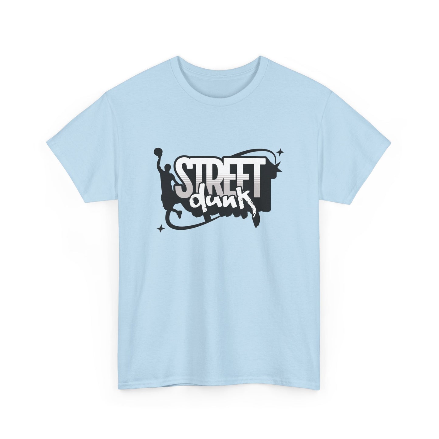 A light blue t-shirt with 'Street Dunk' text in black on the front and basketball player graphic.