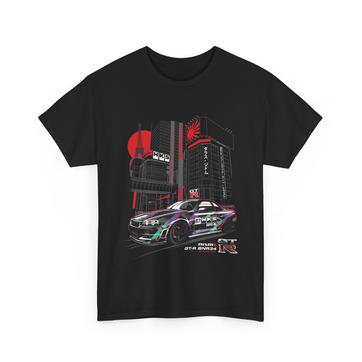 A black t-shirt with a GT race car graphic against a Tokyo cityscape background.