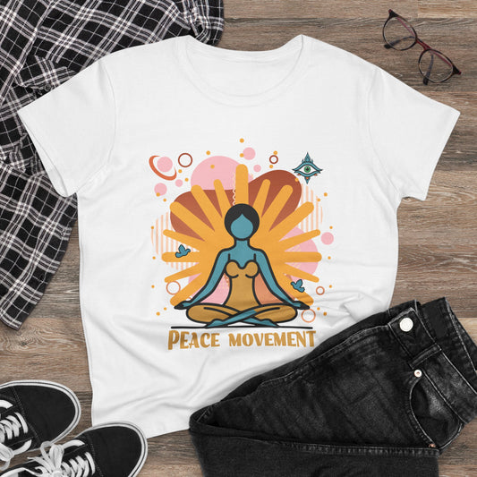 white Ladies t-shirt with a yoga graphic and text 'Peace Movement'.