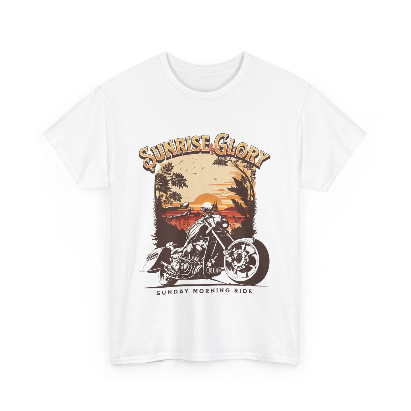 A white t-shirt with a motorcycle graphic and 'Sunrise Glory' text.