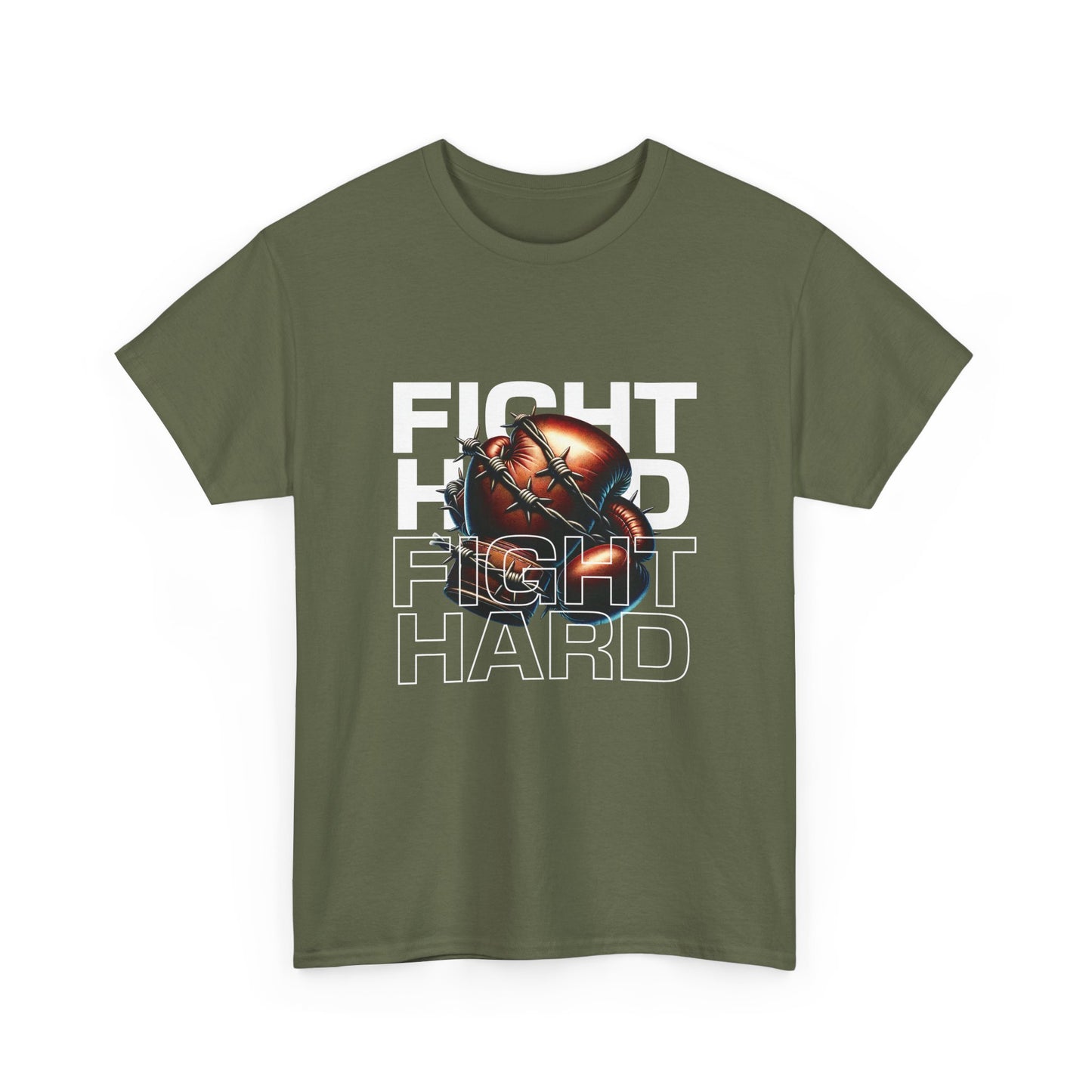 A green Gildan cotton t-shirt with the text 'Fight Hard' and a graphic of a boxing glove and heart.