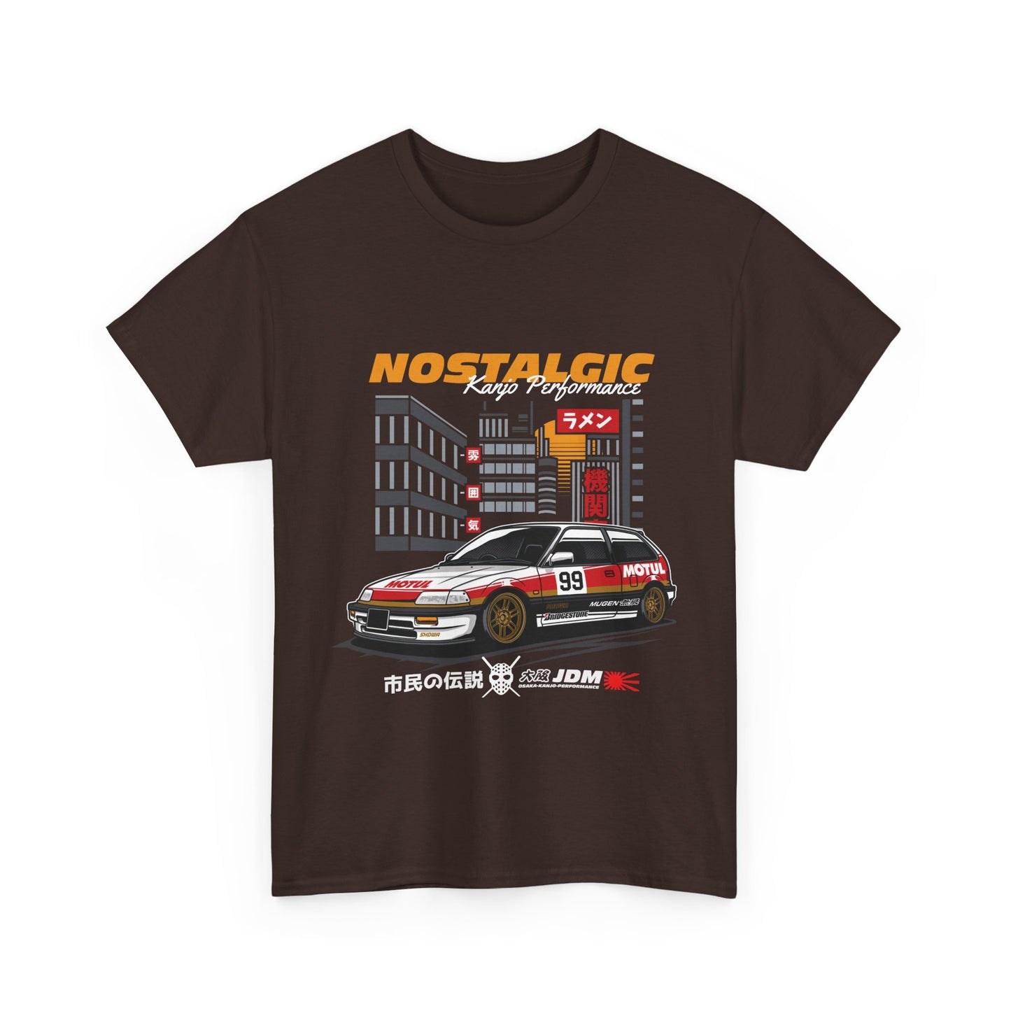 A brown t-shirt featuring a graphic print of a classic Honda Civic drift car with 'Nostalgic' text, along with Japanese characters.