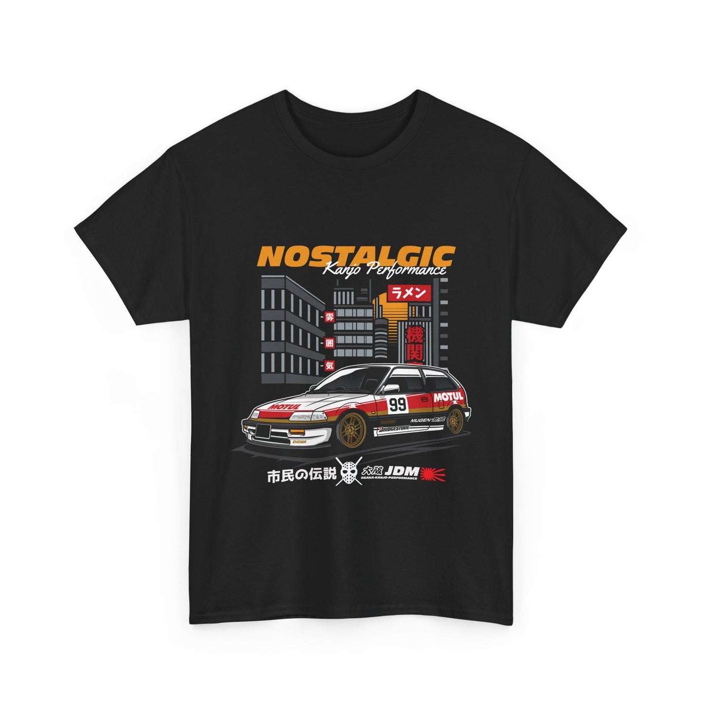 A black t-shirt with a Japanese vintage-style graphic print of a Honda Civic drift car and the text 'Nostalgic'.