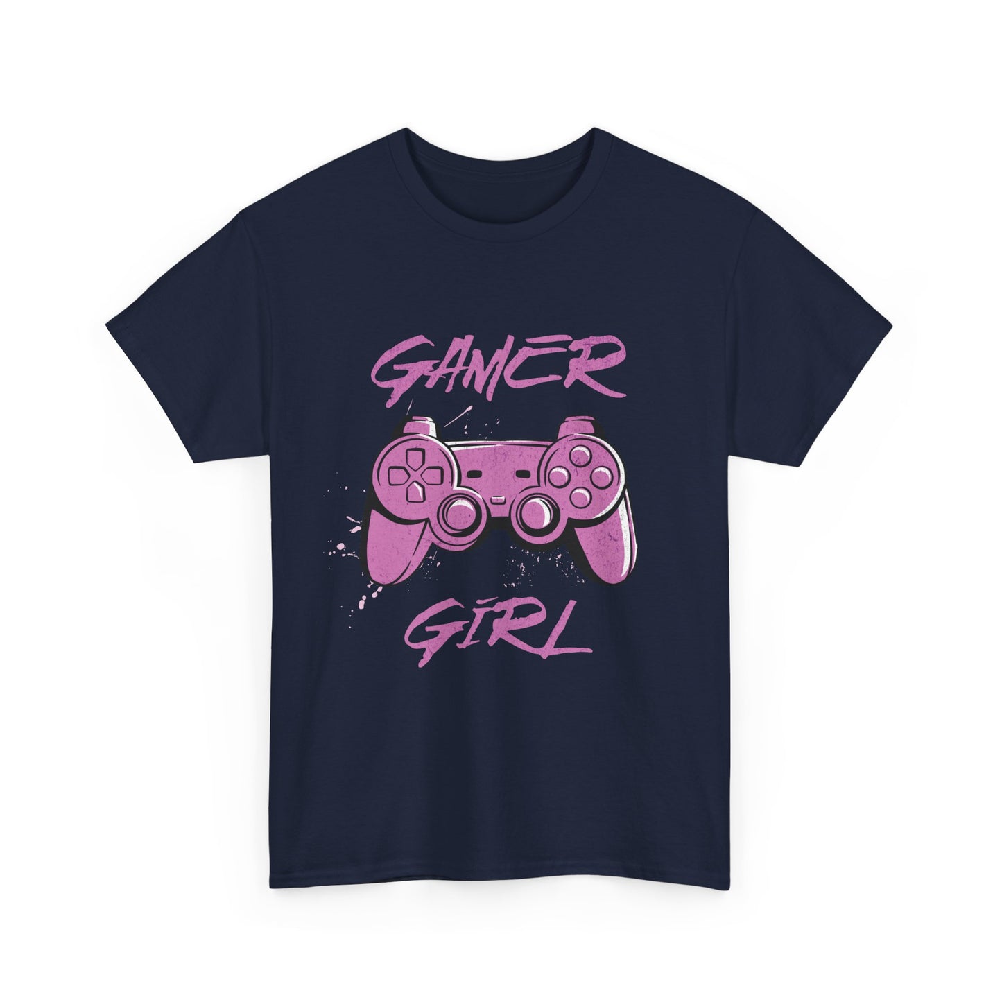 A navy blue graphic t-shirt with the text 'GAMER GIRL' and an illustration of a video game controller in pink colors.