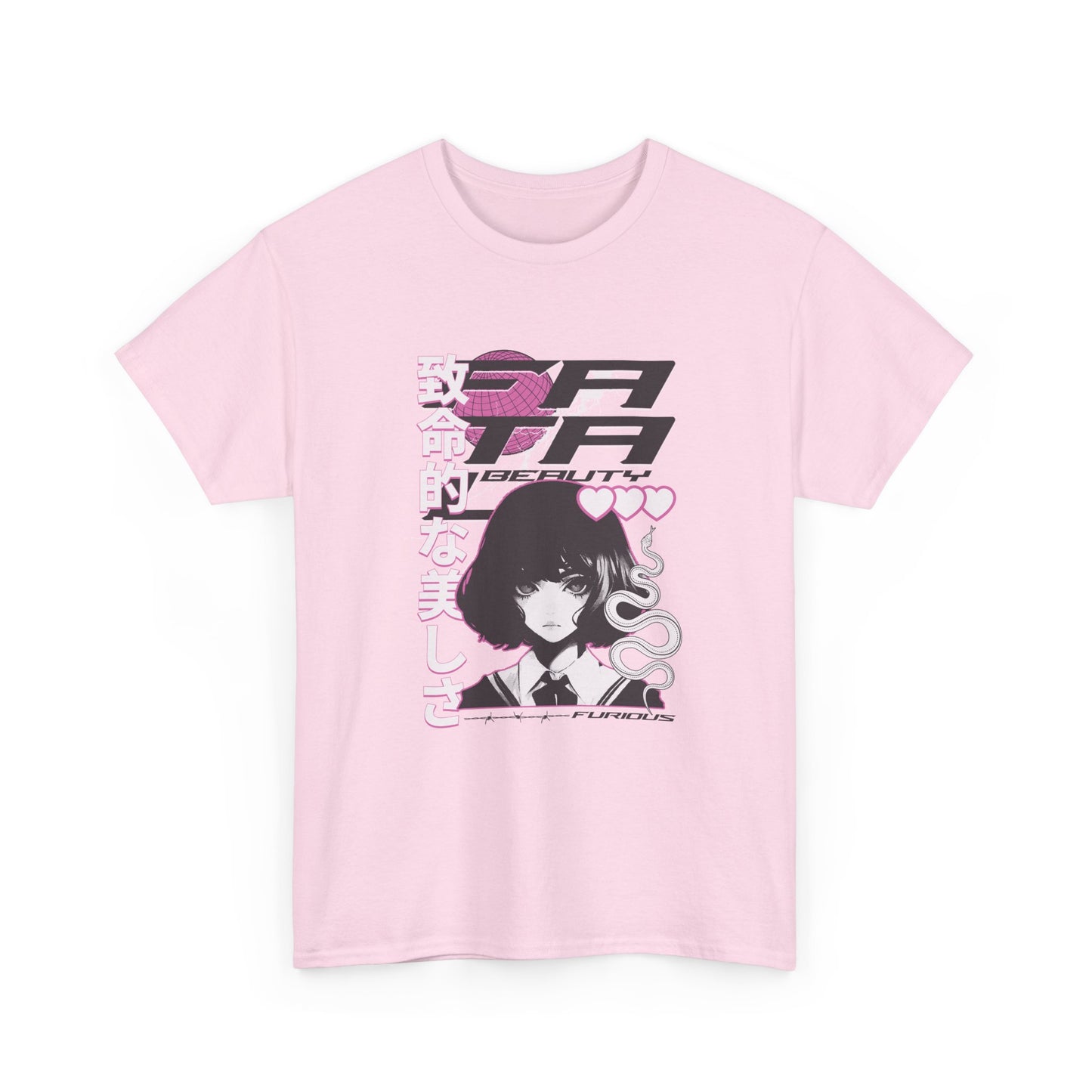 A pink t-shirt with a Japanese anime style graphic print featuring a character and text.