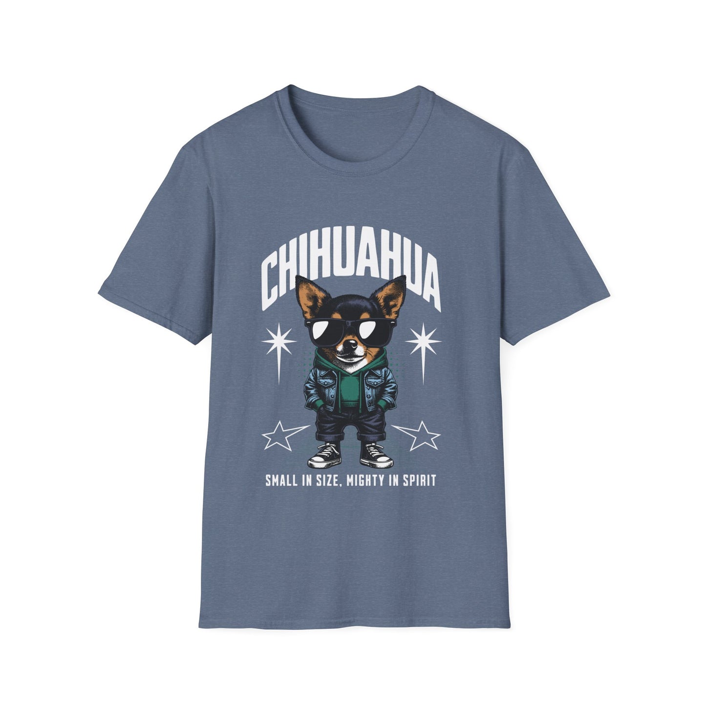A heather indigo graphic t-shirt featuring an illustration of a chihuahua dog with the text 'CHIHUAHUA' and star decorations.