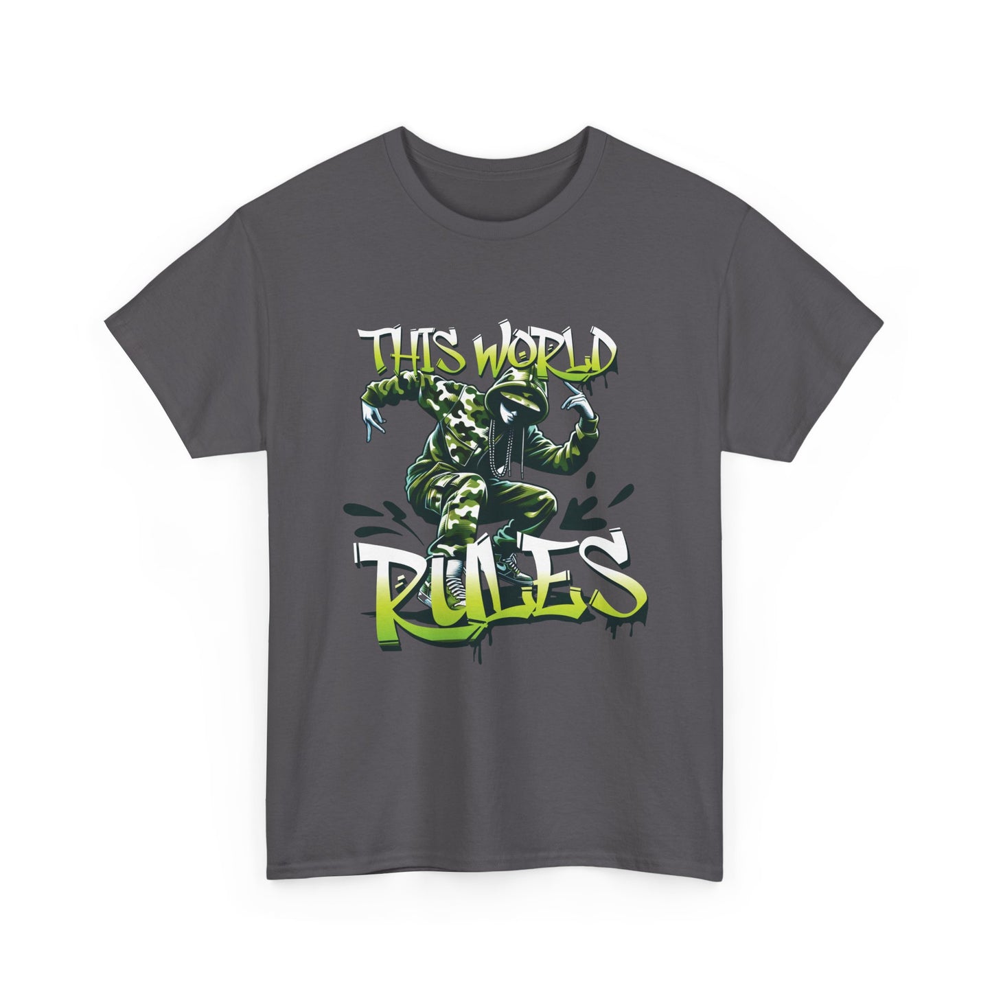 A grey t-shirt with a breakdancer graphic and 'This World Rules' text.