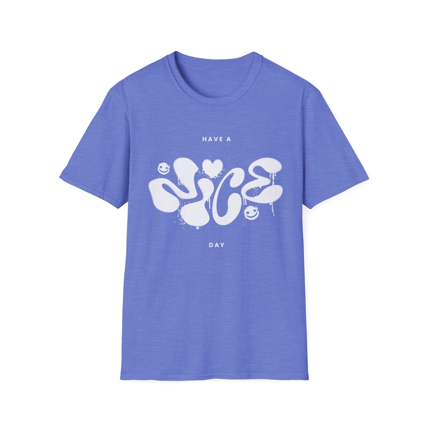 A lavender heather t-shirt with white text and heart graphics that say 'HAVE A NICE DAY'.