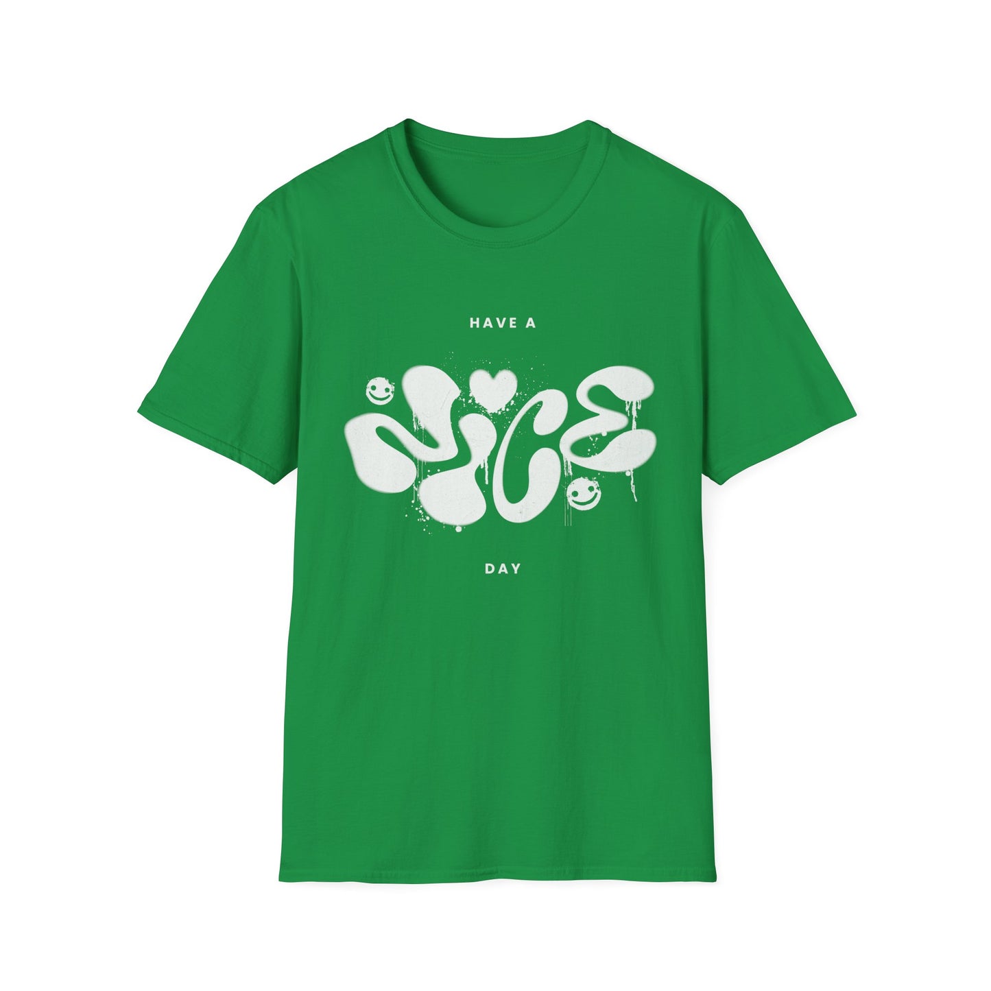 Green t shirt with "Nice" spray painted on a white background.