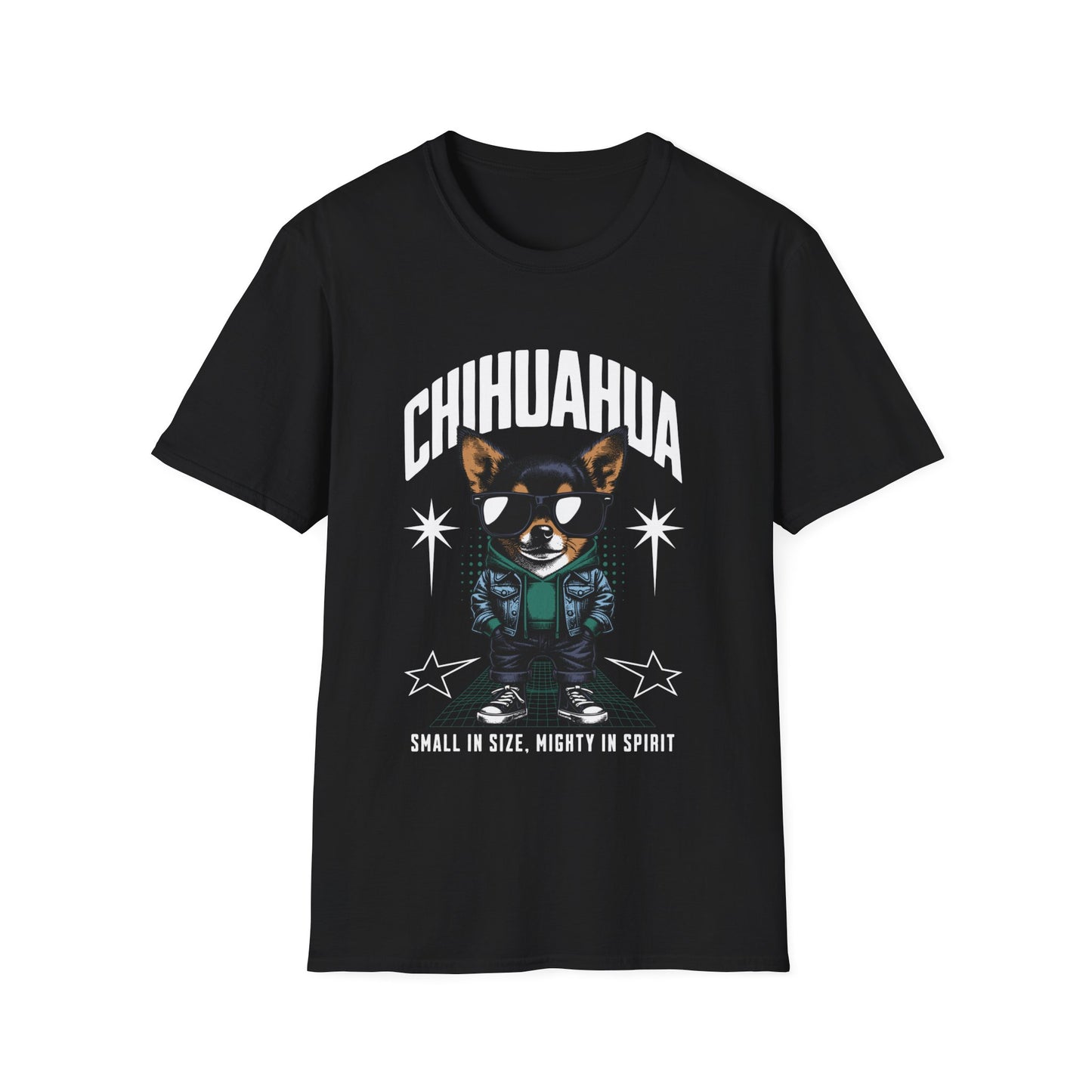 A black graphic t-shirt featuring an illustration of a chihuahua dog with the text 'CHIHUAHUA' and star decorations.